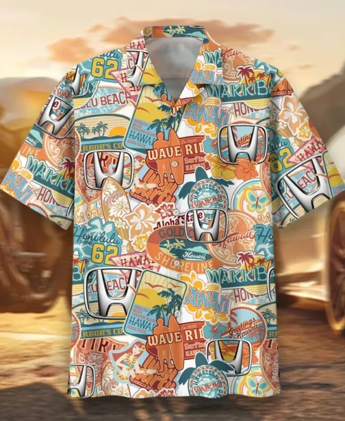 Compact Car Hawaiian Shirt Exclusive Logo, Chrome Wave Button Shirt CAR202